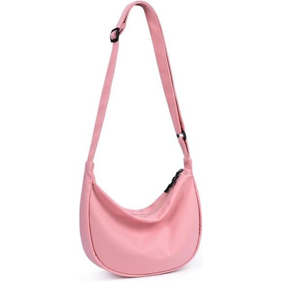 Mini Crescent Bag with Adjustable Strap, 2 Zippers Lightweight Nylon Bag - Rose - Picture 1 of 7